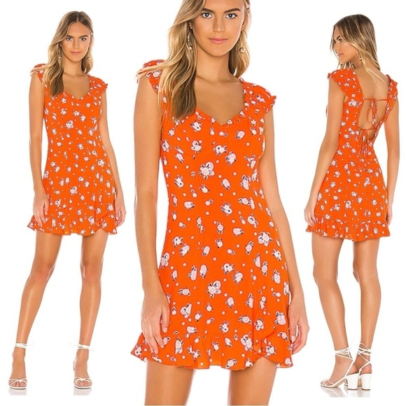 Free People Like A Lady Linen Mini Dress in Orange  Medium Fruit Ruffles Picnic - Picture 1 of 17